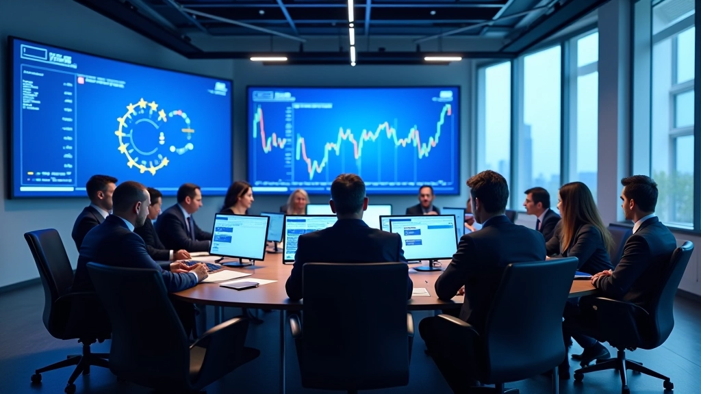 Konferenzsaal mit Eurozone-Flaggen und wirtschaftlichen Analysegrafiken auf großen Monitoren