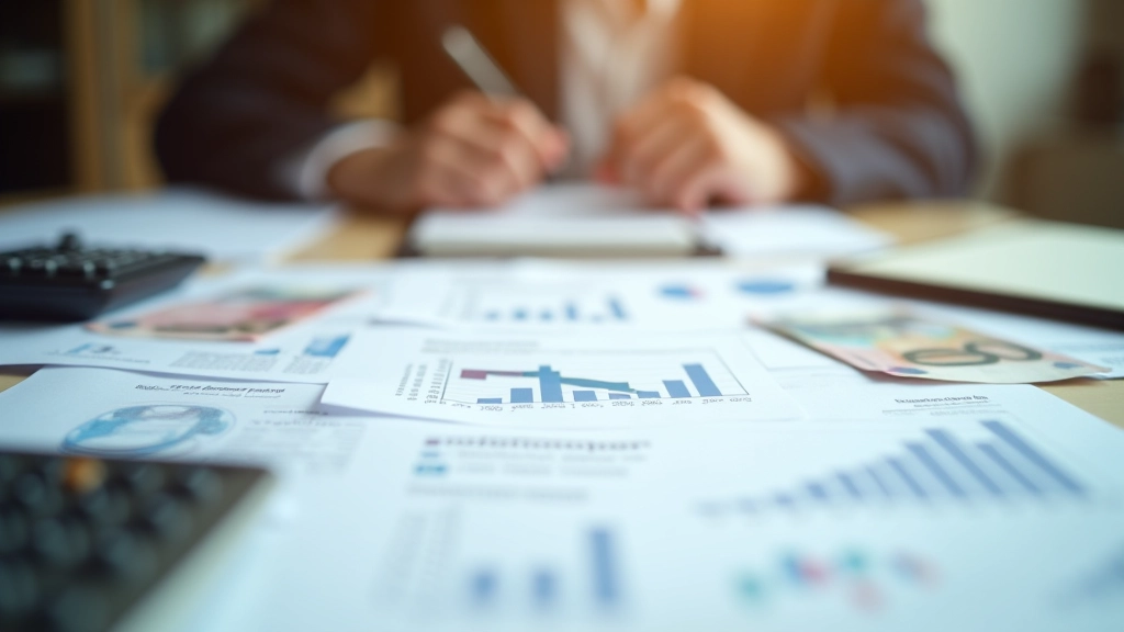 Schreibtisch mit Finanzberichten, Euroscheine und Grafiken zur Fiskalpolitik, professionelle Analyse