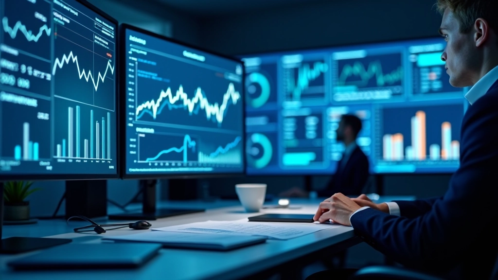 Modernes Analysezentrum mit Displays, die europäische Wirtschaftsdaten und Währungstrends anzeigen