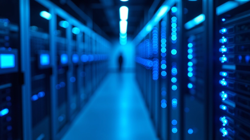 Technische Infrastruktur-Illustration mit vernetzten Knotenpunkten und Datenflüssen, Serverraum-ähnliche Visualisierung