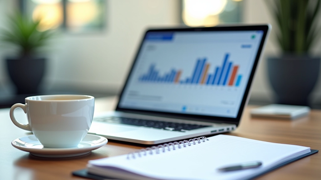 Moderne Büroumgebung mit Laptop, Diagrammen zur Geldpolitik und Notizen zu Zentralbankmaßnahmen auf dem Schreibtisch